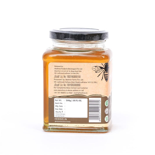 Hexhive Acacia Lite Colour Honey | Pure Organic Honey from Acacia Blossoms | Light & Mild Taste | Low Crystallisation | Natural Sweetener for Milk, Coffee, Tea, Breakfast | Octagon Glass Jar | 500g