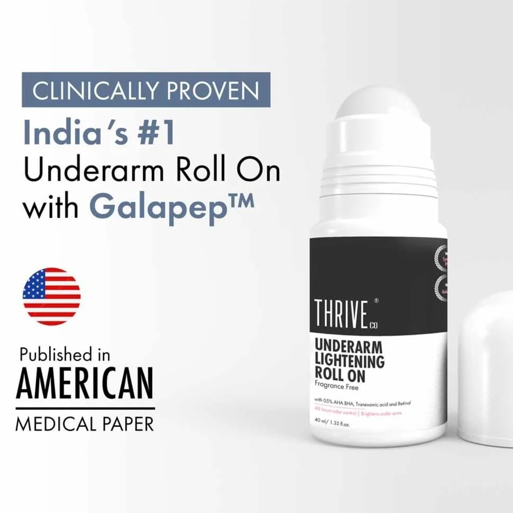 ThriveCo Underarm Lightening Roll-On with 5% AHA BHA, Tranexamic Acid & Retinol â€“ 24H Odour Control, Brightens Underarms & Reduces Discolouration for Smooth & Even Skin, For Men & Women, 40 ml