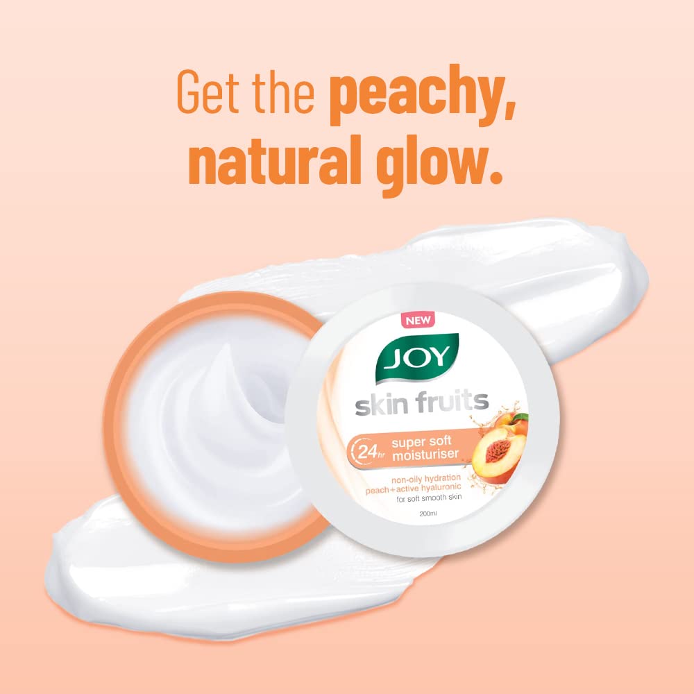 Joy Skin Fruits Super Soft Moisturizer With Peach & Hyaluronic Acid (200ml) | Skin Cream for 24 Hr Moisturization of Face, Hands & Body | Oil Free Hydration For Soft & Smooth Skin