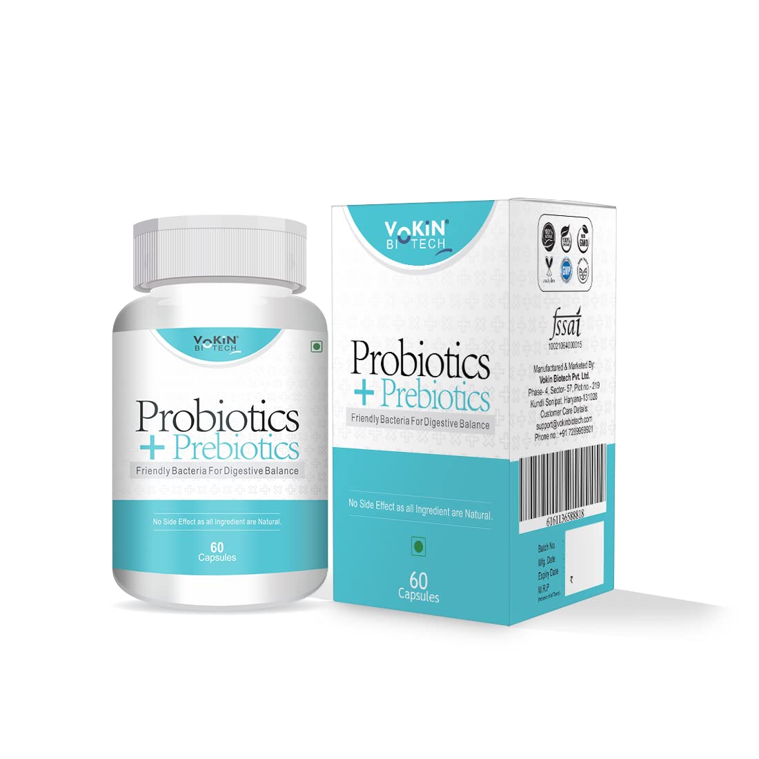Vokin Biotech Probiotics+ Prebiotics Supplement 50 Billion Cfu For Women & Men With Prebiotics 150 mg | Probiotic Capsules For Digestion Support, Gut Health And Immunity â€“ 60 Veg Capsules