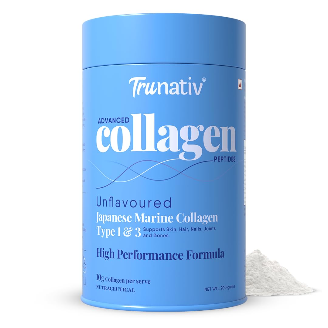 Trunativ Collagen Supplements | Advanced Japanese Marine Collagen Powder for Women & Men | Type 1 and 3 Hydrolyzed Peptides | Supplement with Hyaluronic Acid | Supports Skin Glow, Hair Growth, and Nail Strength | Unflavoured (200g)