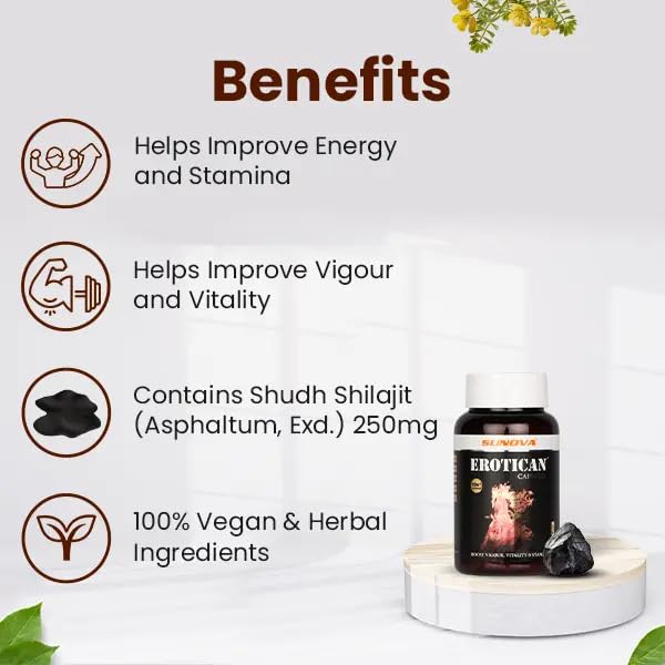 SUNOVA EROTICAN Caspules - Shudh Shilajit, Aswagandha, Gokshura,Bala and Kaunch for Strength, Performance & Muscle building
