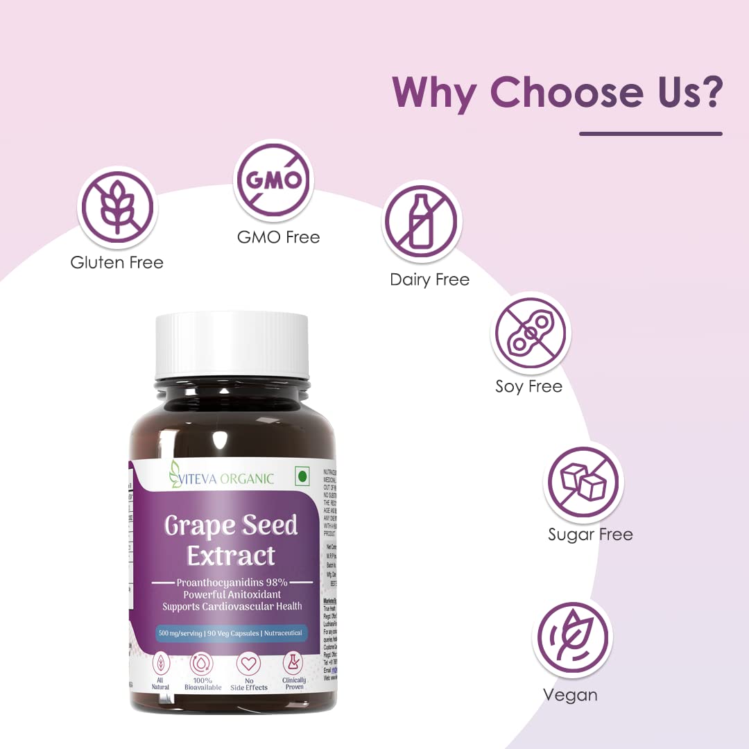 Viteva Organic Grape Seed Extract with 98% Polyphenols 500mg 90 Veg Capsules - Supports Healthy Cholesterol Levels & Immunity - Antioxidant Supplement to promote Healthy Hair & Skin