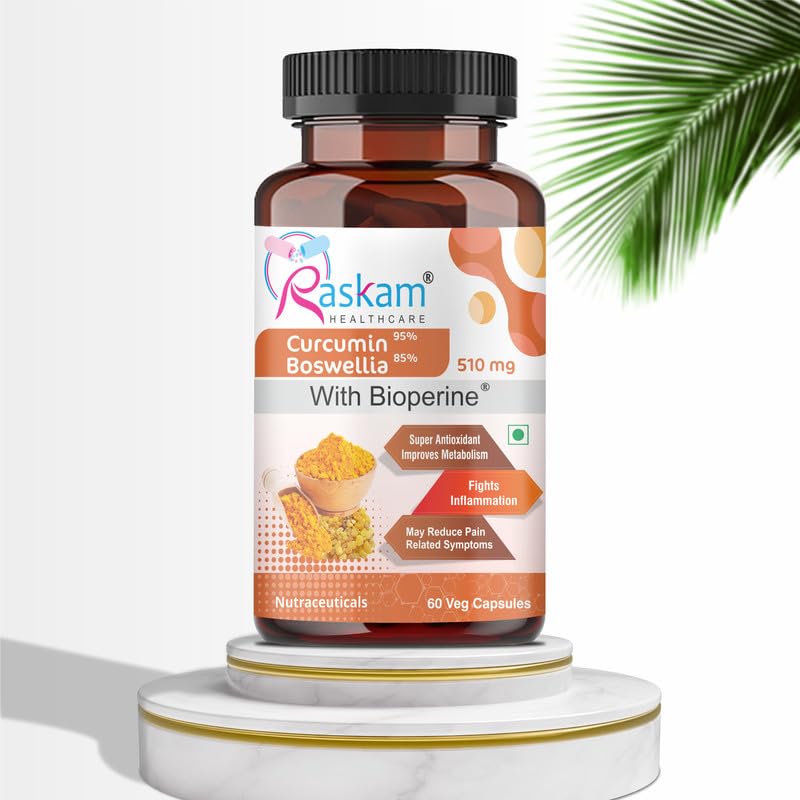 Curcumin 95%, Boswellia 85%, 510mg Capsules with Bioperine | 60 Veg Capsules | Super Antioxidant, Improves Metabolism, Fights Inflammation | 60 veg capsules