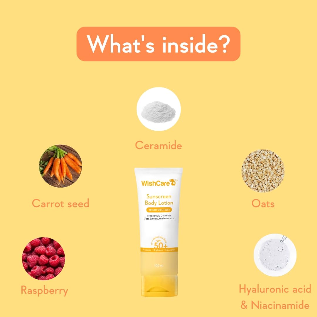WishCare Sunscreen Body Lotion with SPF 50 PA+++ In-Vivo Tested | Body Sunscreen With Broad Spectrum UVA & UVB Protection, No White Cast | With Carrot Seed & Raspberry | For All Skin Types | For Women & Men | 100ml