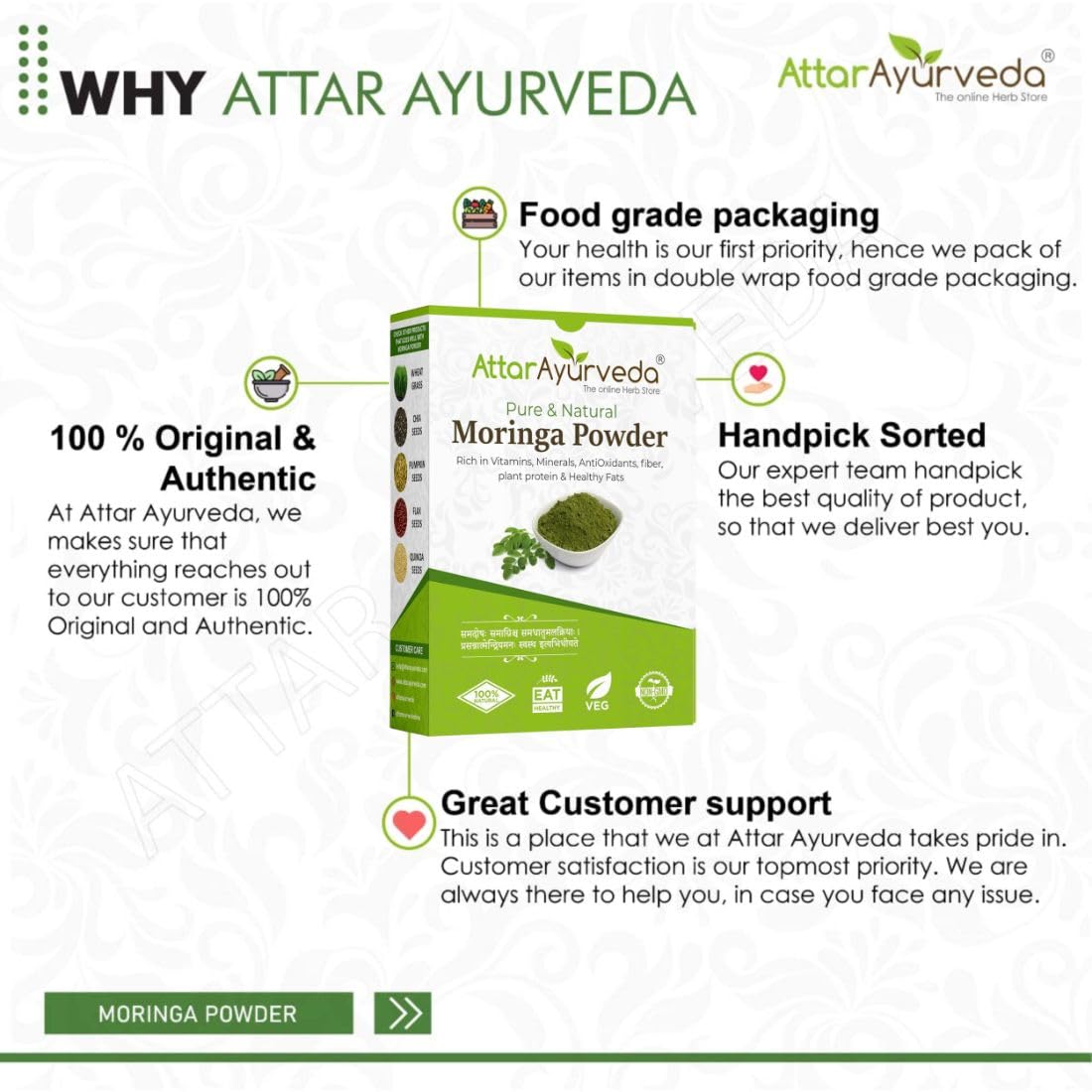 Attar Ayurveda 100% Moringa Leaf Powder (200g) | Drumstick Leaf powder | Herbal Supplement | Good for Immunity, Digestion, skincare and Haircare | 100% Natural and Preservative-free