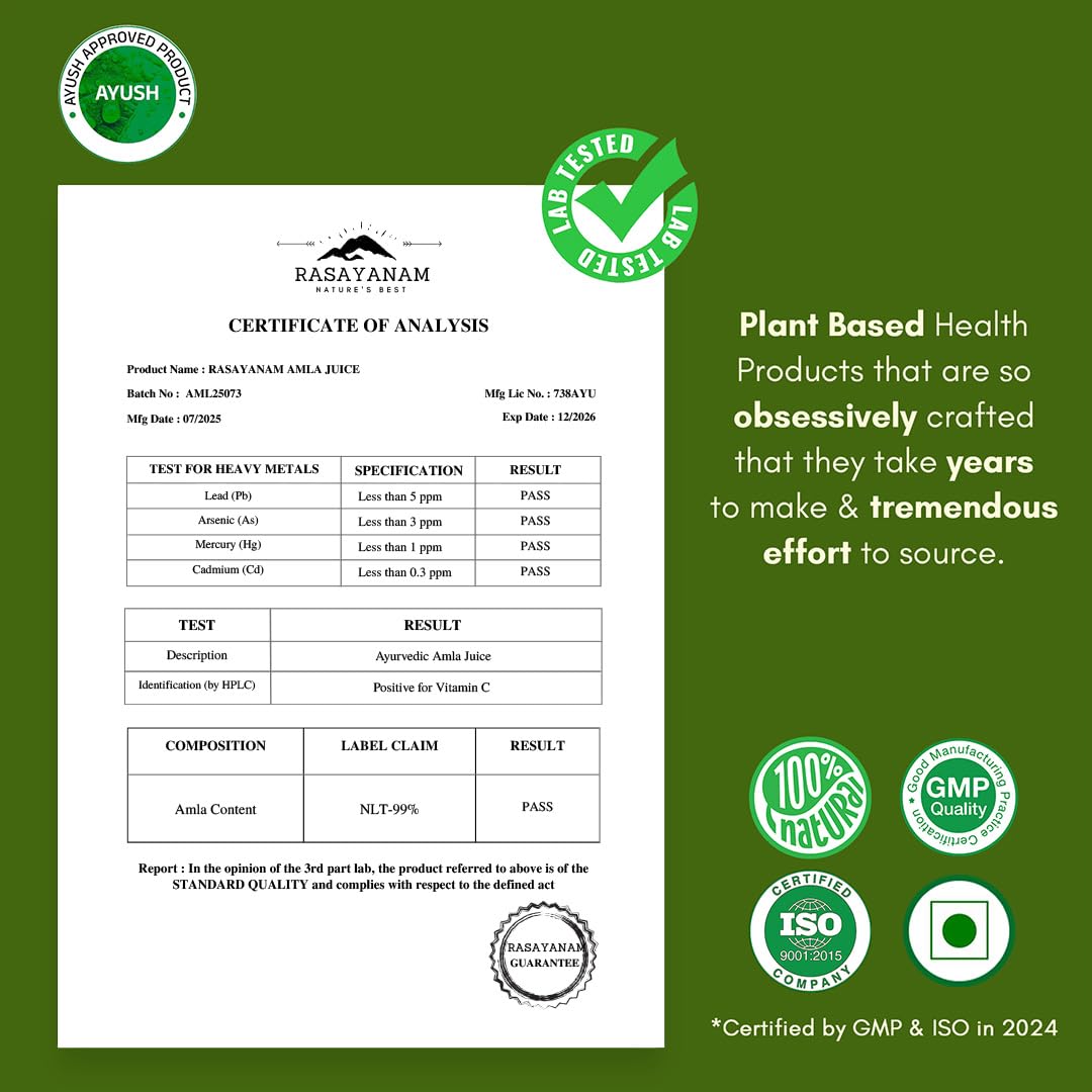 Rasayanam Pure Amla Juice 750 ml | Cold-Pressed from Handpicked Amlas | Rich in Vitamin C | 100% Natural with No Added Sugar | Supports Immunity, Digestion, Hair & Skin Health