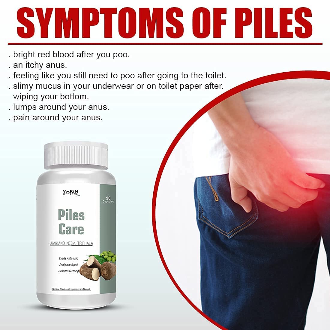 Vokin Biotech Piles Care Fast Relief Bavasir Hemorrhoid Support Piles (90 Capsules) Jimikand, Neem, Triphala