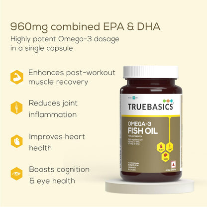 TrueBasics Triple Strength Omega 3 Fish Oil (60 Capsules) | Supports Healthy Heart, Eyes & Joints - For Women and Men