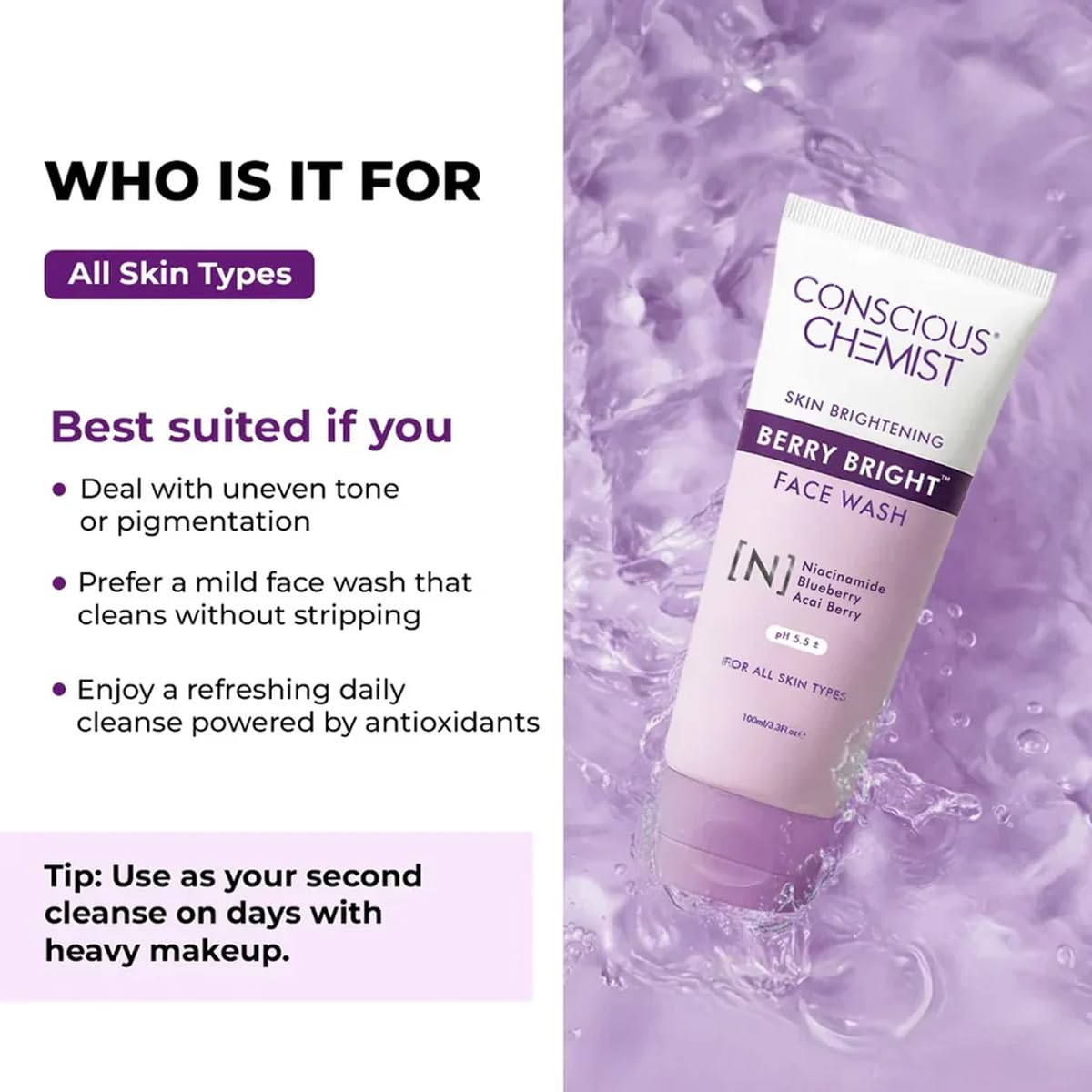 Conscious ChemistÂ® Niacinamide De-Tan Face Wash | Pore Refining Brightening Cleanser for Women & Men with BlueBerry & AcaiBerry Extracts, Bright Clear Skin | All Skin Type - Berry Bright 100ml