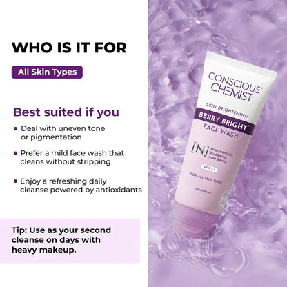 Conscious ChemistÂ® Niacinamide De-Tan Face Wash | Pore Refining Brightening Cleanser for Women & Men with BlueBerry & AcaiBerry Extracts, Bright Clear Skin | All Skin Type - Berry Bright 100ml