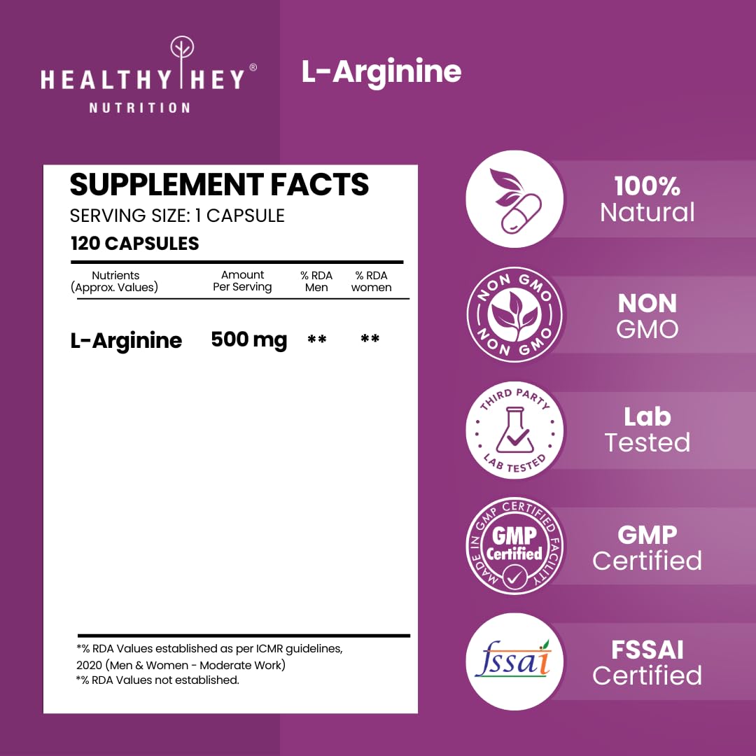 HealthyHey L-Arginine 120 Vegetable Capsules (Pack of 1)