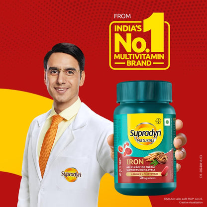Supradyn Naturals Iron (30 tablets) with 3X Iron, Ashoka, Shatavari, Zinc, Vitamin C, Folic Acid, 30 vital nutrients, Supports Blood Health & Provides Energy, Veg