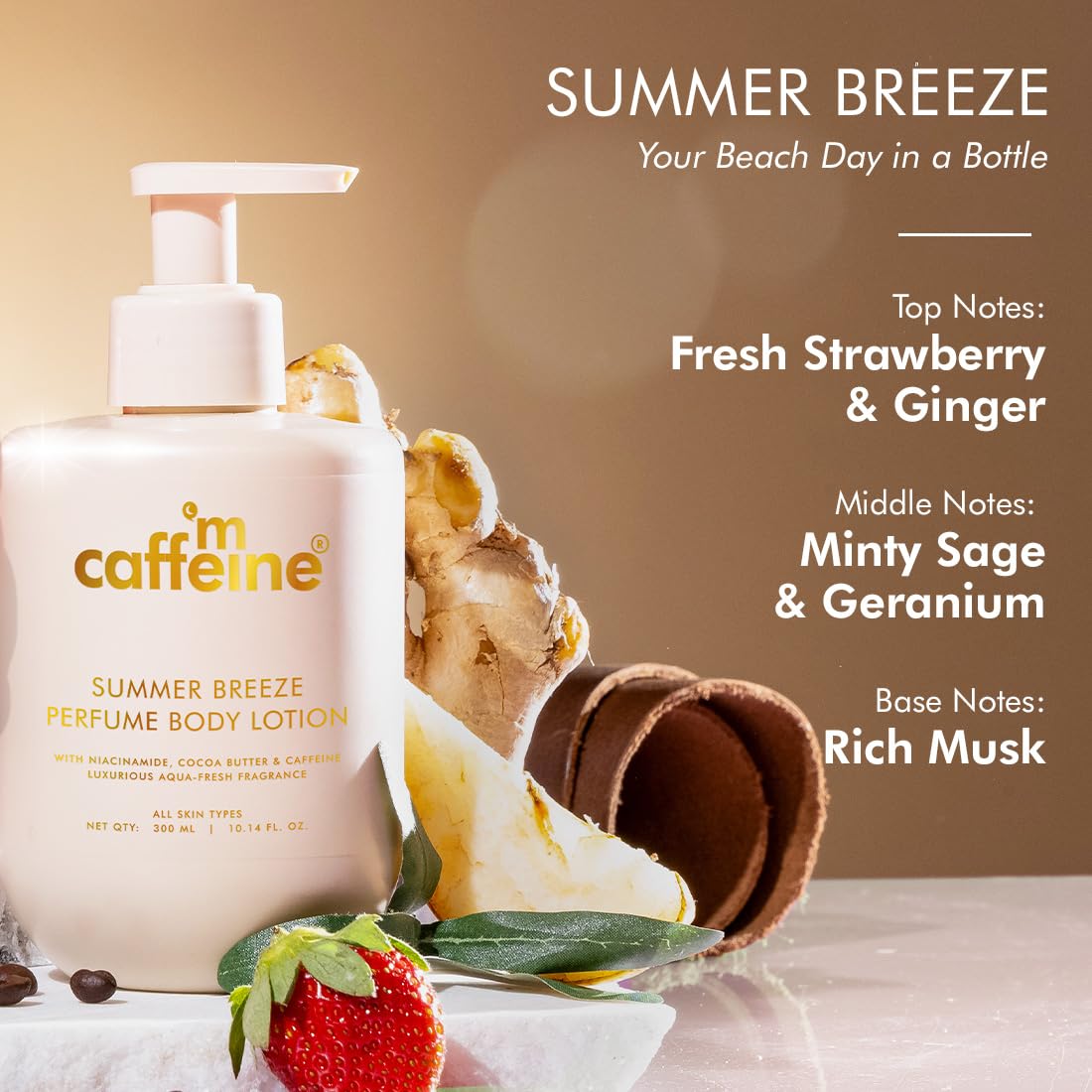mCaffeine Summer Breeze Perfume Body Lotion 300ml| Niacinamide, Cocoa & Shea Butter For Deep Moisturization | Lightweight, Non-Sticky & Daily Use | Aqua-Fresh Beachy Fragrance | Summer Body Cream for Dry Skin