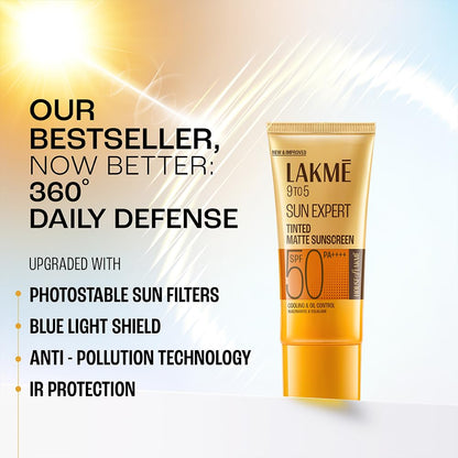 Lakme Sun Expert Tinted Sunscreen SPF 50 PA +++ | Broad spectrum UVA/B protection | Blue light protection | No White Cast | for all dry, oily, normal skin| Matte Finish | 50 ml