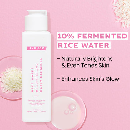 Hyphen 10% Rice Water Brightening Face Wash | With 1% Vitamin C, 0.5% Glycolic Acid & Yuzu Extract | Reduces Dark Spots & Pigmentation | For All Skin Types | Gentle Cleanser for Women & Men- 200 ml