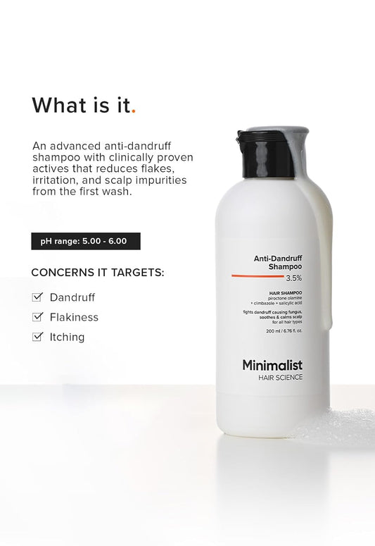 Minimalist Anti-Dandruff Shampoo | Clarifying Shampoo with Salicylic Acid, Climbazole & Piroctone Olamine | Remove Flakes, Soothes Itchy Scalp & Reduces Dandruff | Sulphate-Free | Fragrance-Free | Suitable for All Hair Types | For Women & Men