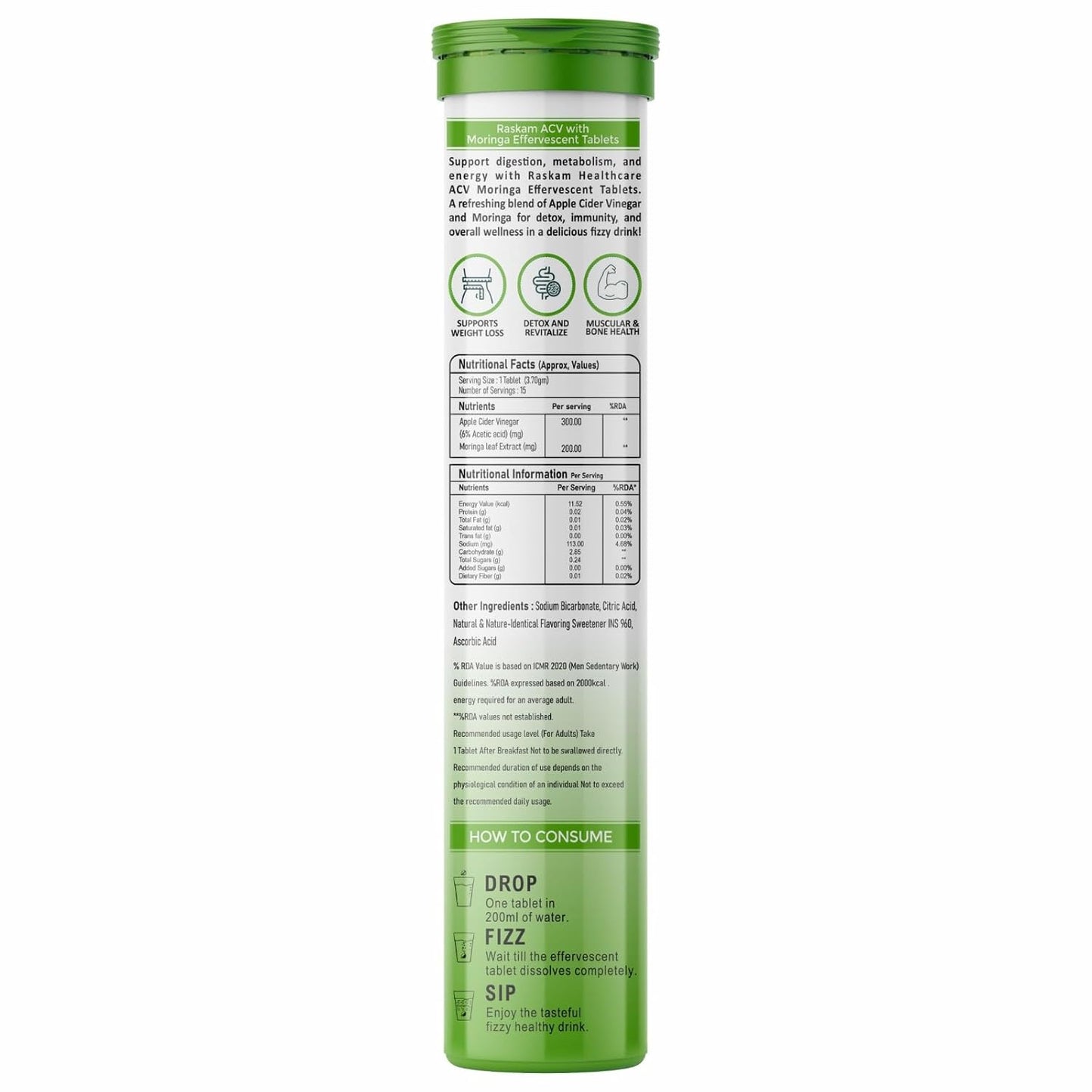 ACV Moringa Effervescent Tablets | 15 Tablets, 500mg Natural Energy & Immunity Booster with Antioxidants (Shikanji)