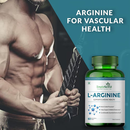 Simply Herbal L-Arginine Supplement 500 mg Pre- Post Workout For Men Women, Support Bone Muscle Building Amino Acid, Strength, Performance & Energy, Recovery, Immune System- 60 tablet