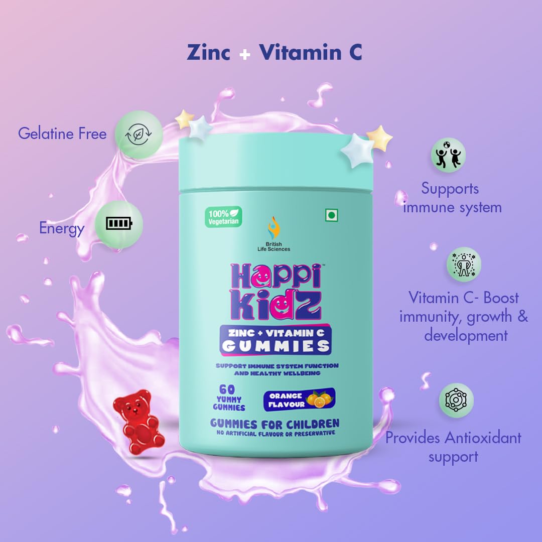 Happi Kidz Zinc Gummies for Kids | Zinc + Vitamin C | 100% Natural | Vegetarian | Supports Brain Function | Promotes Proper Growth | Ages 4 & above | Orange Flavour | 60 Count | Lab tested for purity