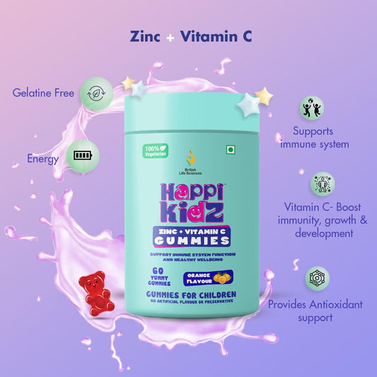 Happi Kidz Zinc Gummies for Kids | Zinc + Vitamin C | 100% Natural | Vegetarian | Supports Brain Function | Promotes Proper Growth | Ages 4 & above | Orange Flavour | 60 Count | Lab tested for purity