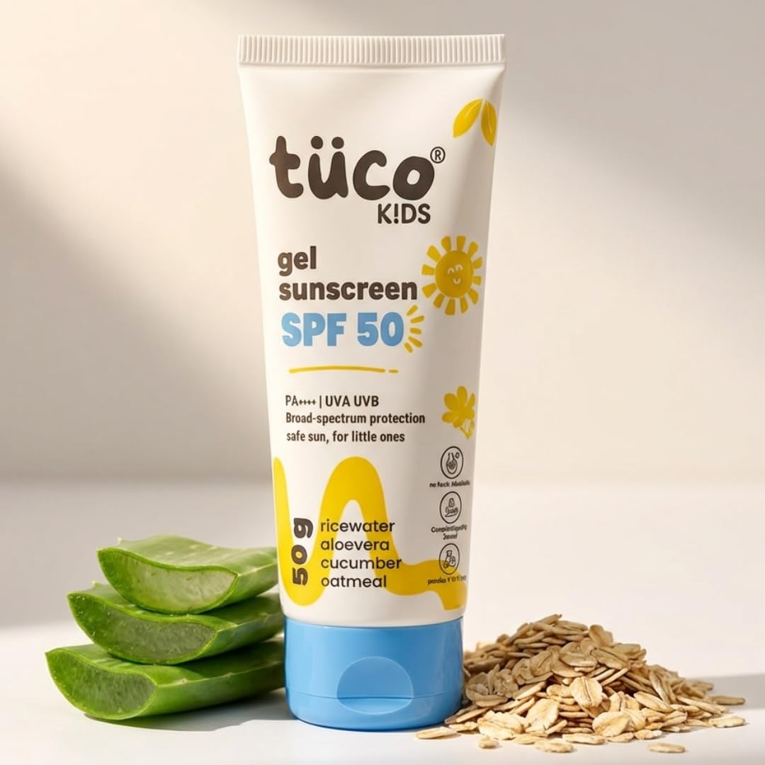 Tuco® Kids Gel Sunscreen SPF 50 with Aloe Vera | UVA/UVB PA++++ | Broad Spectrum Protection | Benzophenone- 3 and Avobenzone Free | Ages 2-5, 5-10, 10-15 | 50gm