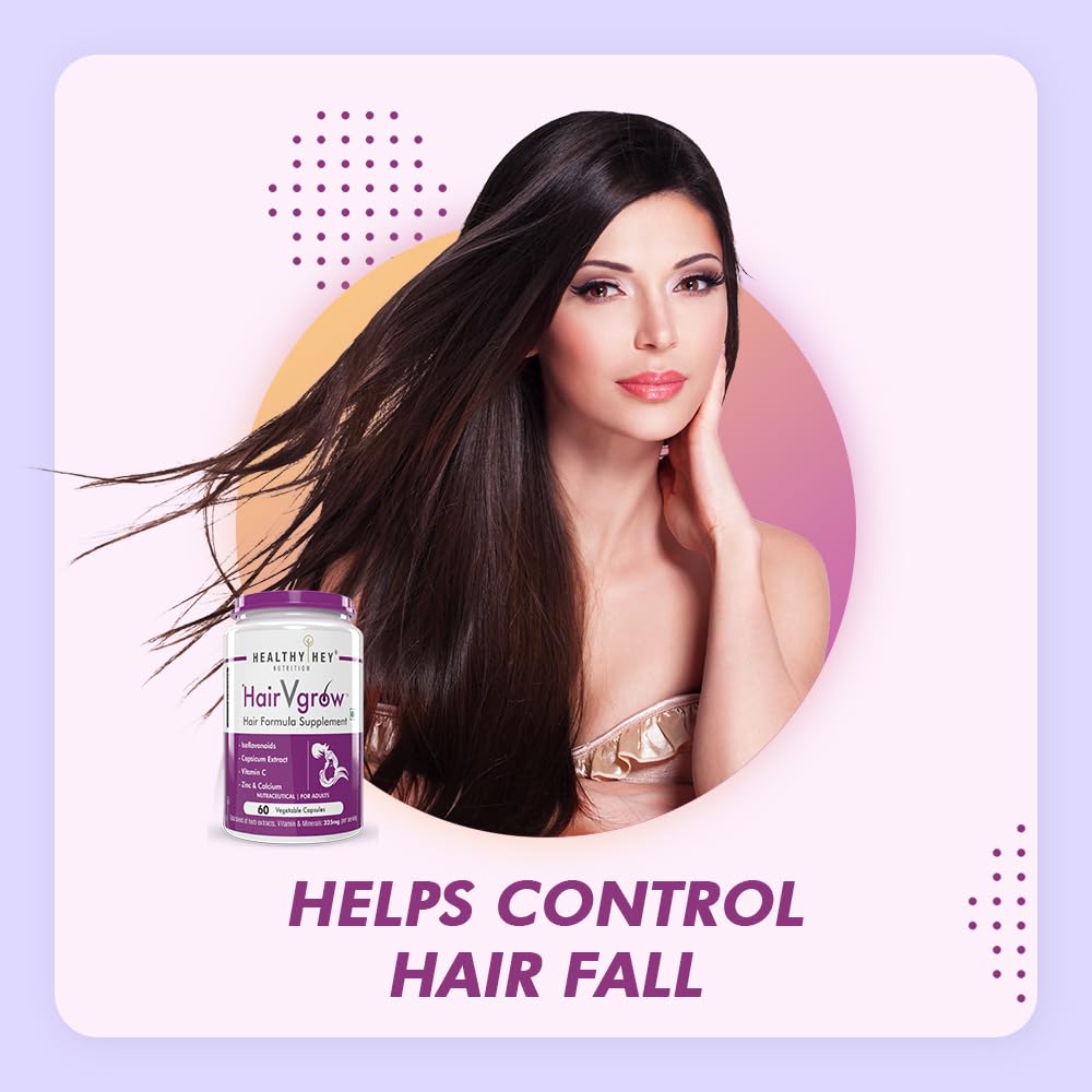 Healthyhey Nutrition HairVgrow - Natural Hair Growth and Stop Hair fall Formula Supplement - 60 Veg. Capsules