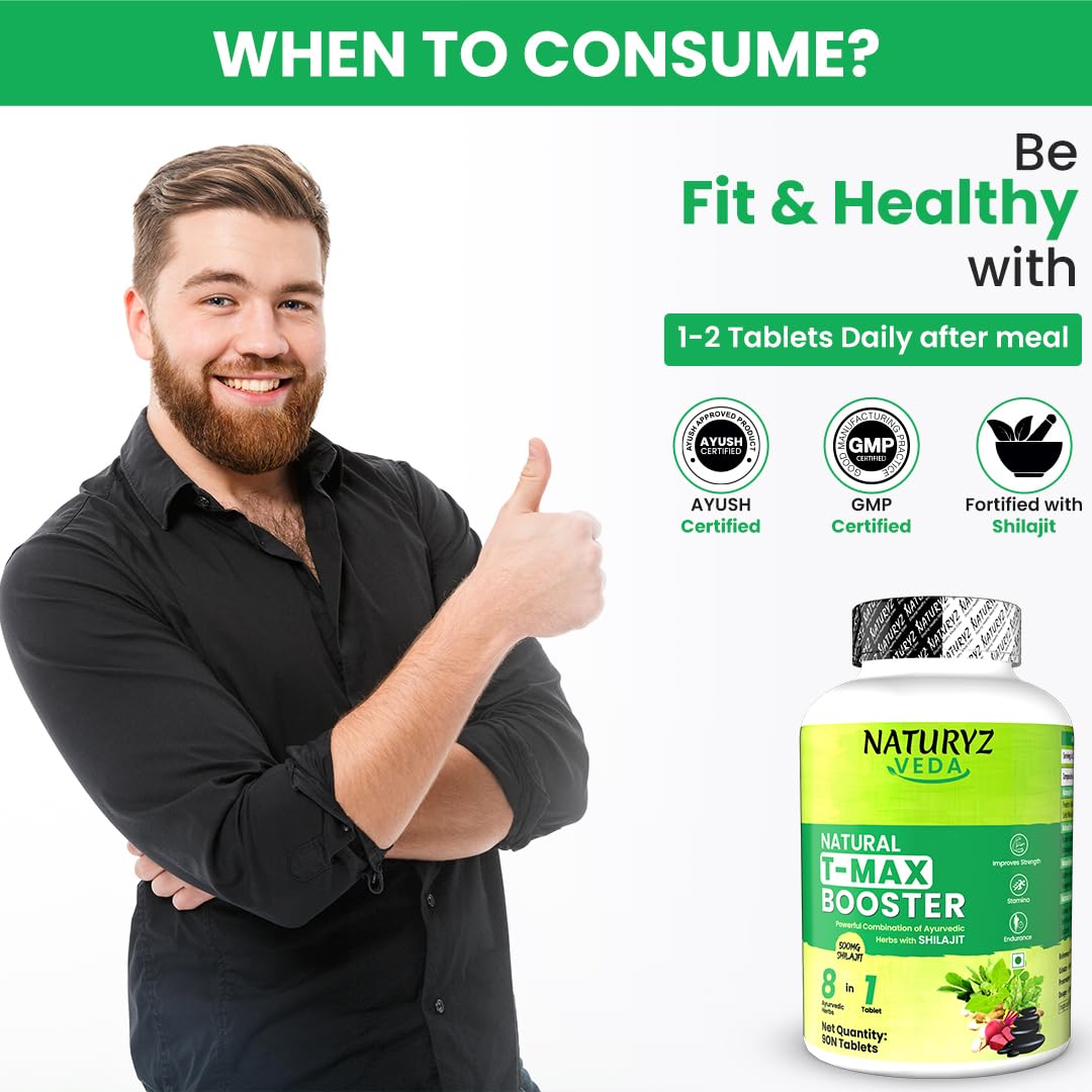 Naturyz VEDA T-MAX Booster with Shilajit, Safed Musli & Ashwagandha | Ayurvedic Strength, Stamina & Energy Support | High Absorption Formula for Men & Women | 90 Tablets