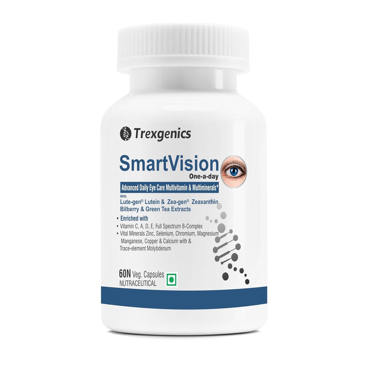 Trexgenics Smartvision Advanced Eye Care Multivitamin with Lutein, Zeaxanthin, Bilberry, Green Tea, Vitamin A, d, e, c, B-Complex and Minerals One-a-Day Formula for Digital Age -60 Veg. Capsules
