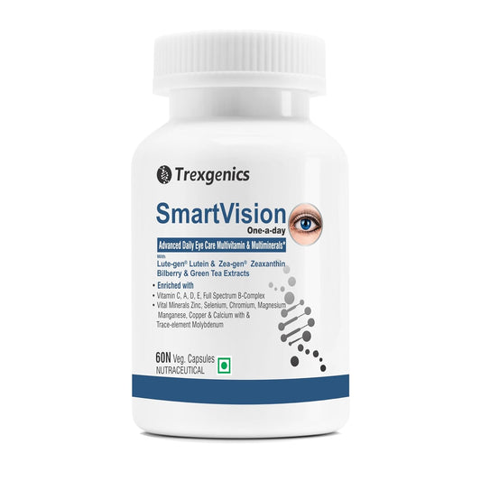 Trexgenics Smartvision Advanced Eye Care Multivitamin with Lutein, Zeaxanthin, Bilberry, Green Tea, Vitamin A, d, e, c, B-Complex and Minerals One-a-Day Formula for Digital Age -60 Veg. Capsules