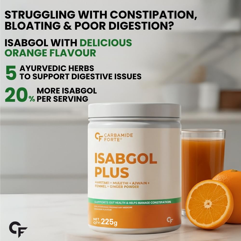 Carbamide Forte Isabgol Powder - 225gm | Psyllium Husk Powder With Haritaki, Ajwain & Fennel | Fiber supplement for Constipation Relief & Digestion | Orange Flavour