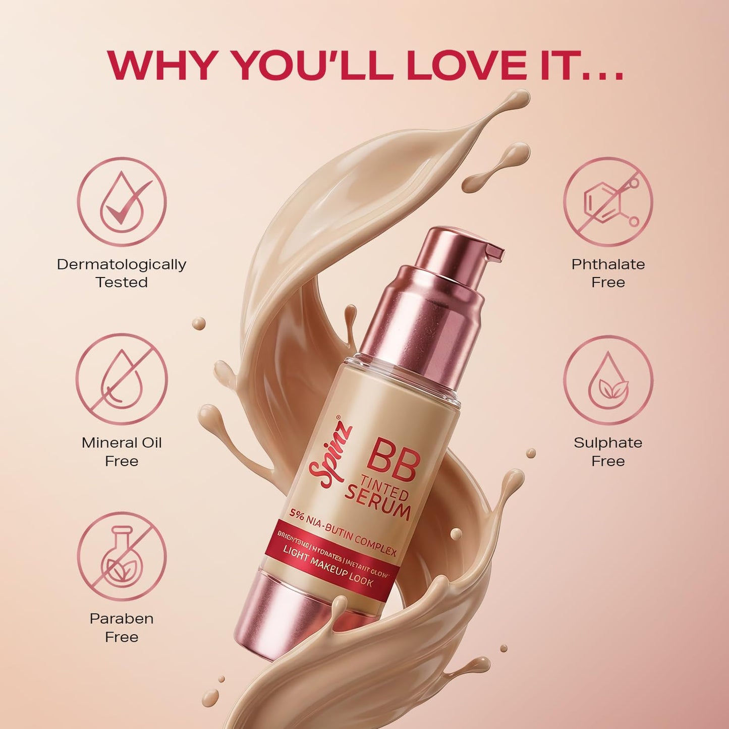 Spinz BB Skin Tint Face Serum Infused with Niacinamide | Instantly Brightens & Evens Skin Tone | Reduces Dark Spots & Pigmentation | Lightweight, Non-Sticky Glow |30ml