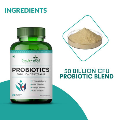 Simply Herbal Probiotics 50 Billion CFU - 14 Strains | Gut Health, Digestion, Immunity & Metabolism Support | 60 Capsules