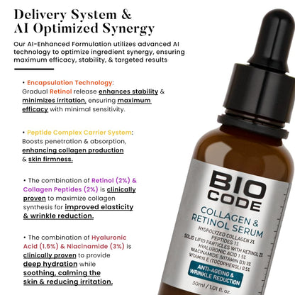 Bio Code Hydrolyzed Collagen 2% Face Serum (30ml) â€“ with 2% Retinol SLP, 1% Peptides & 3% Niacinamide | For Anti-Aging & Wrinkle Reduction | AI-Enhanced Formula | Dermatologist Recommended