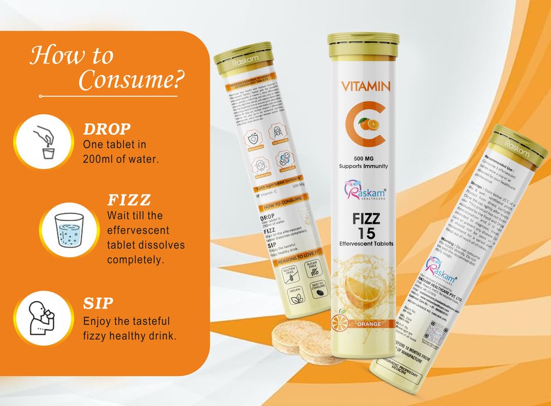 Vitamin C + Zinc, Fizz 15 Effervescent Tablets, Orange Flavour | 500mg (Pack of 1) | Supports Acne Free Skin for Women & Men | Rich in Antioxidants | Boosts Energy & Immunity