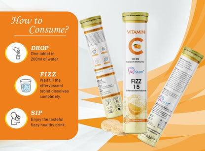 Vitamin C + Zinc, Fizz 15 Effervescent Tablets, Orange Flavour | 500mg (Pack of 1) | Supports Acne Free Skin for Women & Men | Rich in Antioxidants | Boosts Energy & Immunity
