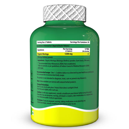 NATURYZ Organic Moringa Highest Strength 1200mg tablets | Supports Energy, Vitality, Detox, Metabolism & Immunity in Men & Women | Non-GMO, Vegan, Gluten-Free | USDA Organic Certified | Pesticides & Chemical Free â€“ 60 Veg tablets