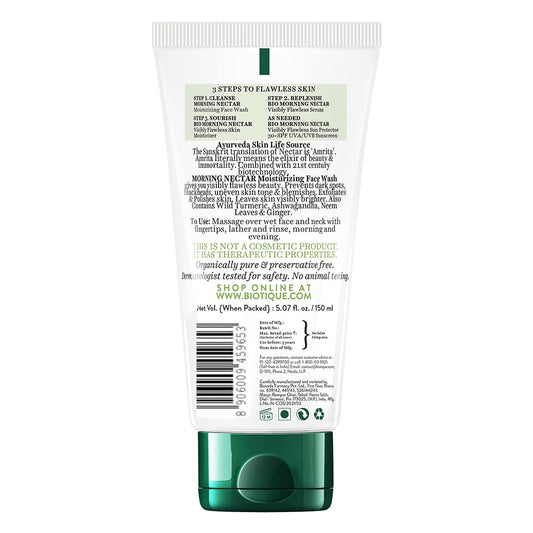 Biotique Morning Nectar Moisturize & Nourish Face Wash | Contains Wild Turmeric, Neem Leaves, & Morning Nectar | Visibly Flawless Skin | Suitable for All Skin Types | 150 ml