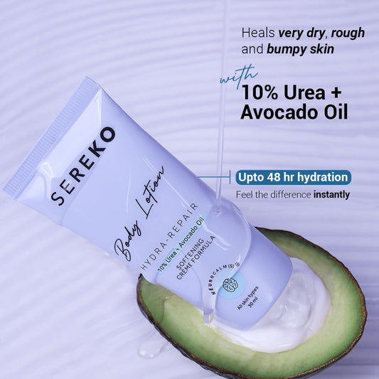Sereko 10% Urea & Avocado Oil Body Lotion 30ML | For Strawberry legs, Detans, Rough Bumpy skin| Body lotion for Men & Women | AHA BHA free | Gentle Exfoliating | with 48H Moisturization | Very dry, flaky skin