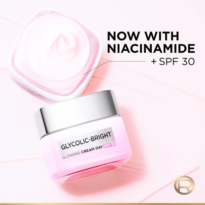 L'Oreal Paris Glycolic Bright Glowing Day Cream, Overnight Brightening Cream, Glycolic Acid in Gel-Like Cream Texture, that Visbily Minimizes Spots & Reveals Glowing skin, 50ml