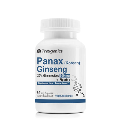 TrexgenicsÂ® PANAX (Red/Korean) GINSENG 20% Ginesenosides 500mg Premium with Bio-enhancer Piperine 5mg Adaptogen, Immunity, Energy, Cognitive Function(60 Veg capsules)