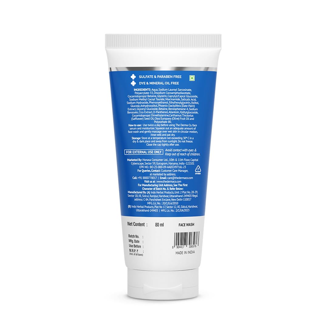 The Derma Co Sali-Cinamide Anti-Acne Face Wash with 2% Salicylic Acid & 2% Niacinamide - 80 ml | Clears Acne & Marks | Removes Excess Oil