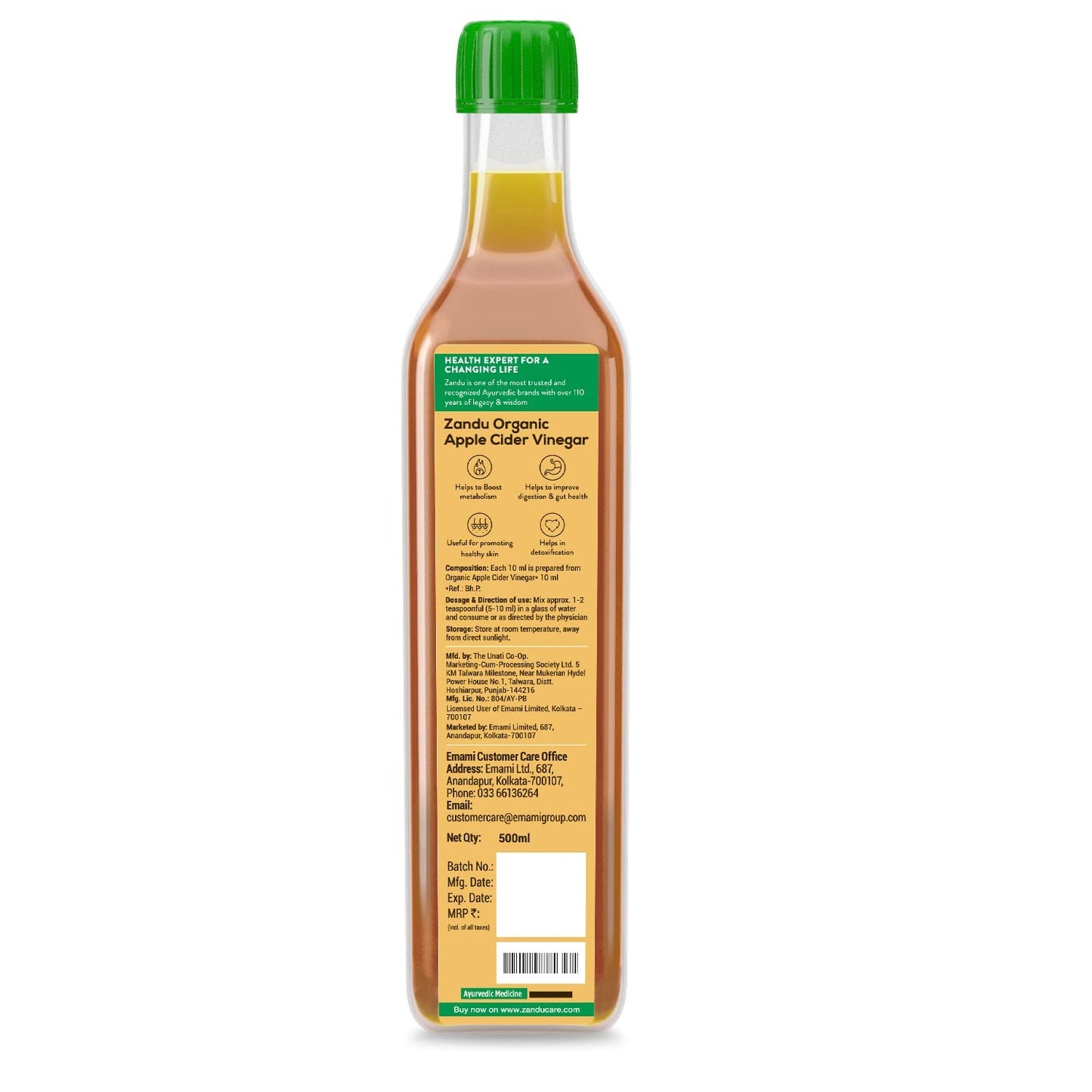 Zandu Organic Apple Cider Vinegar with Mother | Scientifically Tested | Raw, Unfiltered, Unpasteurized | Supports Healthy Weight & Digestion | 100% Organic Apples | 500ml
