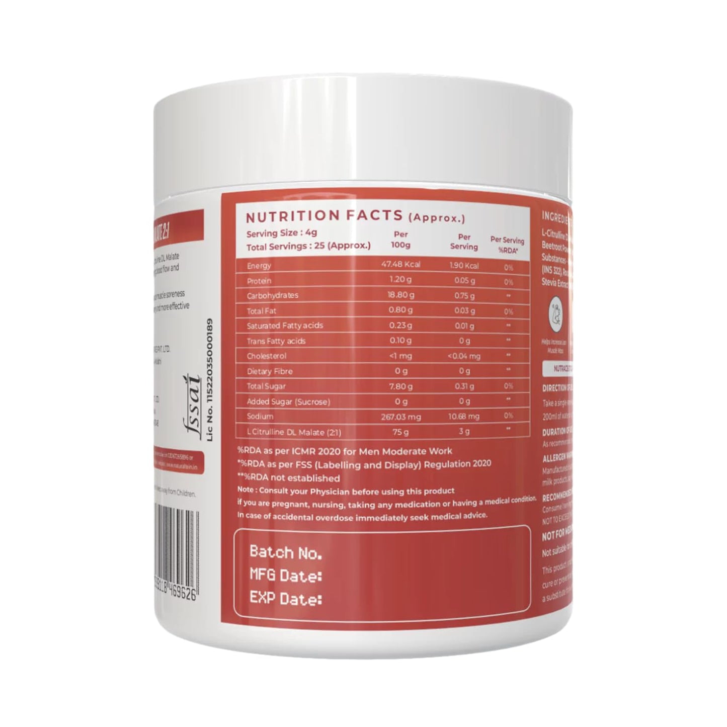 NATURALTEIN Citrulline Malate 2:1 | Watermelon Flavour | Nitric Oxide Booster for Bigger Pumps & Workout Performance | 100g, 25 Servings | Supports Strength & Endurance