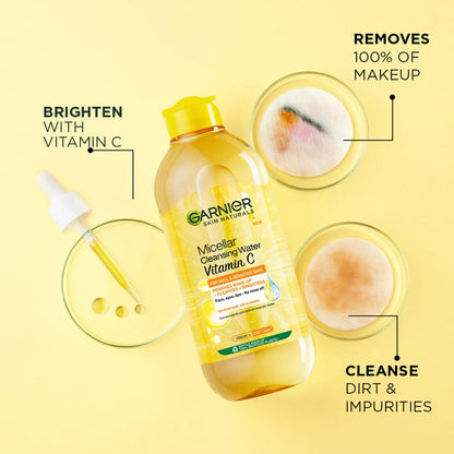 Garnier Vitamin C Micellar Cleansing Water For Dull Skin | Make-Up Remover & Cleanser - Removes makeup, dirt & impurities & Brightens Skin | Just Pour, Press & Swipe | 125ml