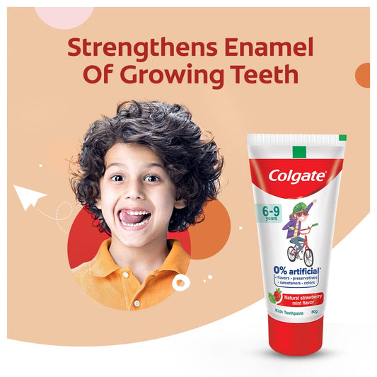 Colgate Kids Toothpaste with 0% Artificial Preservatives, Colours, Sweeteners for Whitening (6-9 Years, Natural Strawberry Mint Flavour - 80g Tube)