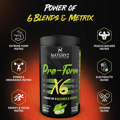 Naturyz Pre - Form X6 Pre Workout Supplement With Highest 19 Nutrients For Extreme Pump,Powder,Endurance,Energy,Focus,Muscle Builder,Vitamins & Electrolytes- 400 grams (Aam Panna Flavour)