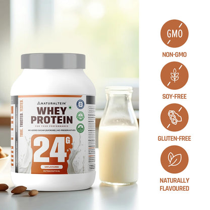 NATURALTEIN Natural Whey Max Protein â€“ 1 kg (Unflavoured) | 24 g Protein per Serving | Naturally Formulated | No Added Sugar | Non-GMO | Soy & Gluten Free | Smooth Mixability & Easy Digestion