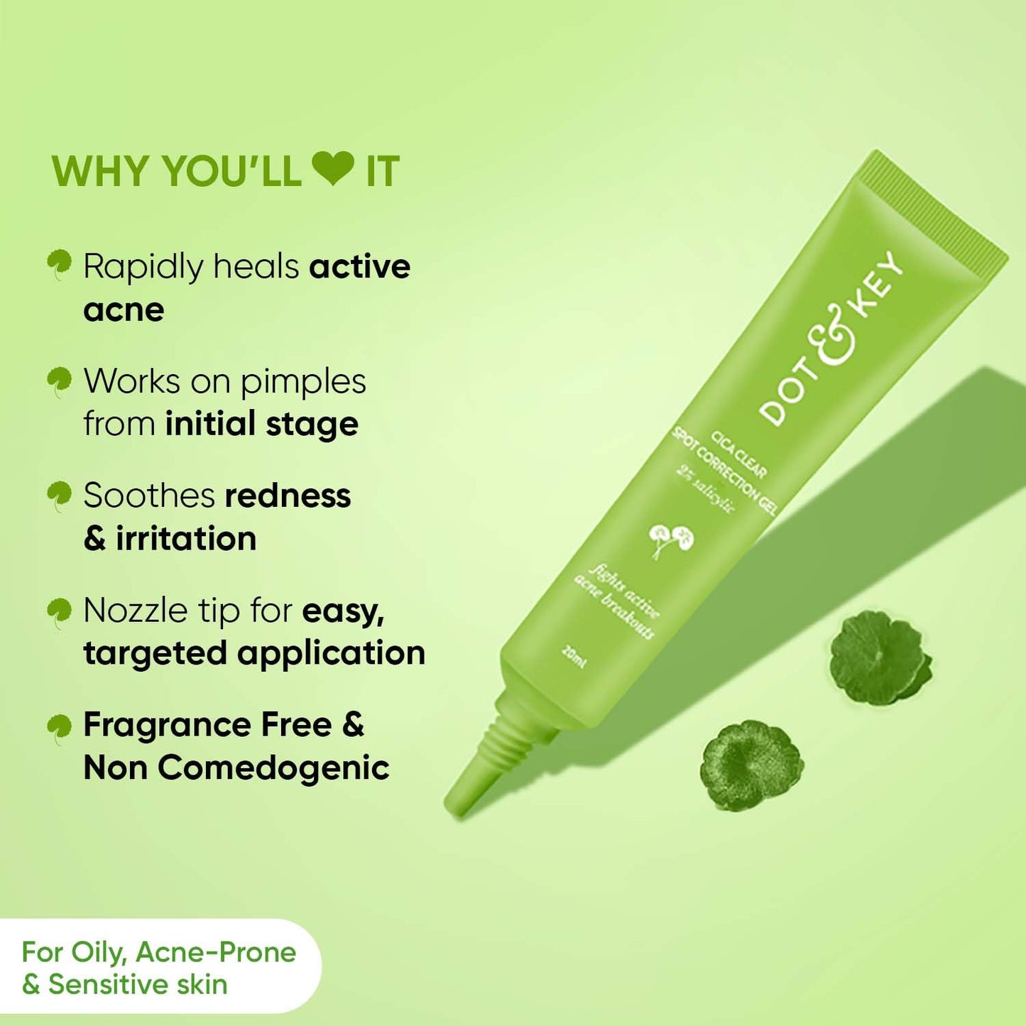 Dot & Key Cica Clear Spot Correction Gel for Active Acne | Soothing, Lightweight & Non Drying | Reduces Active Acne & Redness | Fades Acne Scars & Dark Spots | For Oily, Acne Prone Skin | For Women & Men | 20ml