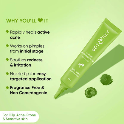 Dot & Key Cica Clear Spot Correction Gel for Active Acne | Soothing, Lightweight & Non Drying | Reduces Active Acne & Redness | Fades Acne Scars & Dark Spots | For Oily, Acne Prone Skin | For Women & Men | 20ml